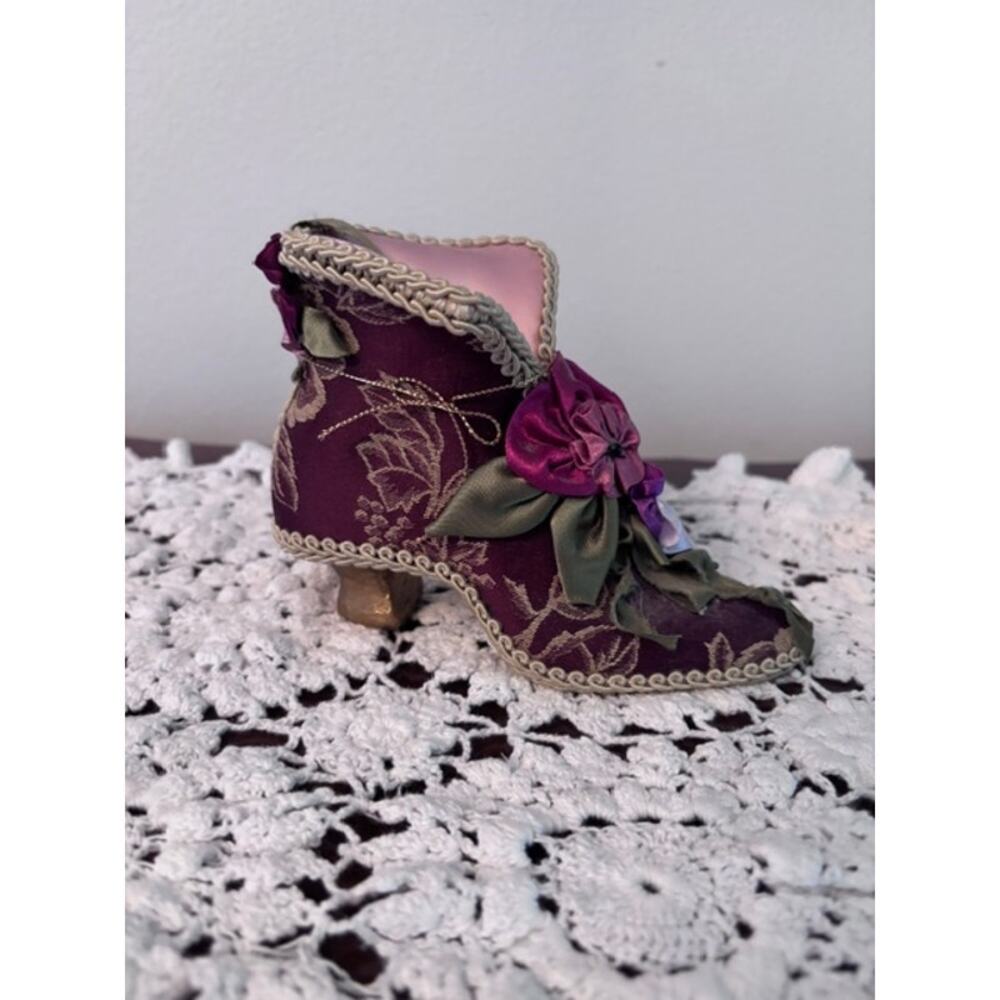 Victorian Style Decorative Shoe Figurine Brocade Satin Flowers Burgundy
